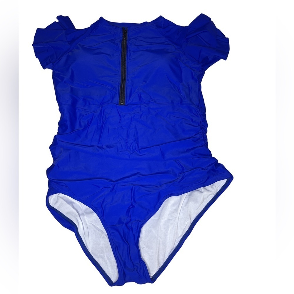 SEBOWEL BLUE Short Sleeve Zip Front Rash Guard One Piece Athletic Swimwear XXL - Picture 5 of 9